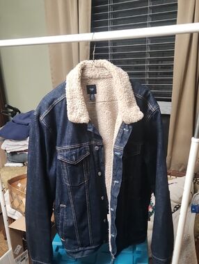 GAP Dark Blue Denim Jacket with Cream Sherpa Collar
